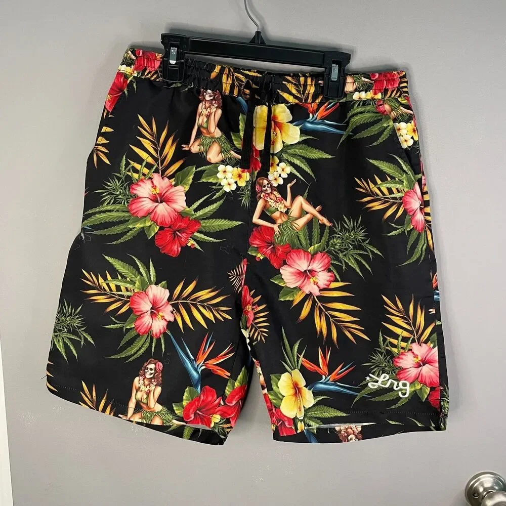 LRG Lifted Research Group Mens M Pin Up Girl Skull Floral Print Board Short READ